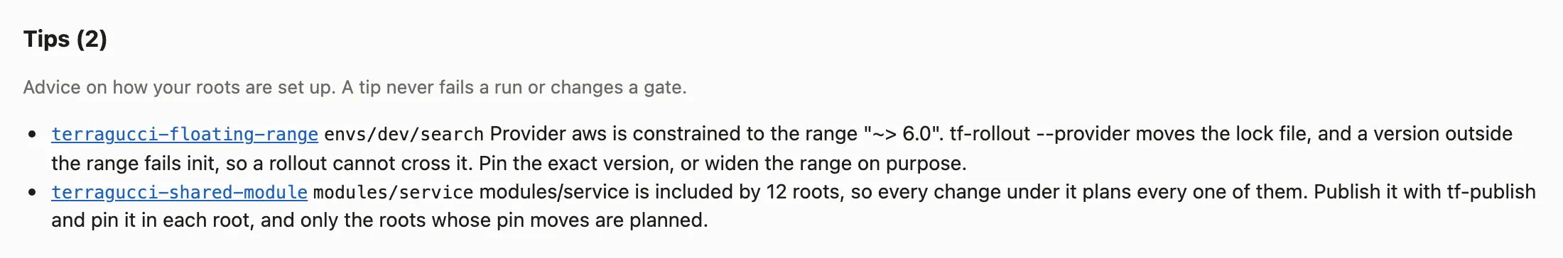 The Tips section of the HTML report, from its heading through its last tip: terragucci-floating-range for envs/dev/search among them, each tip linked to its rule's page