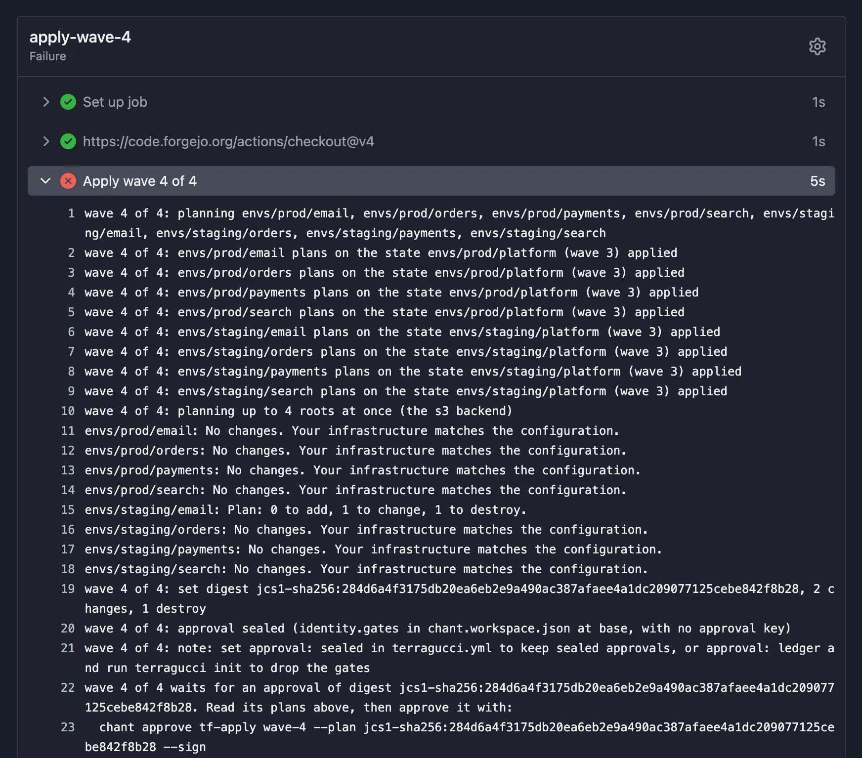 The apply job's log: the wave waits, exit code 3, and the terragucci approve command with the plan digest