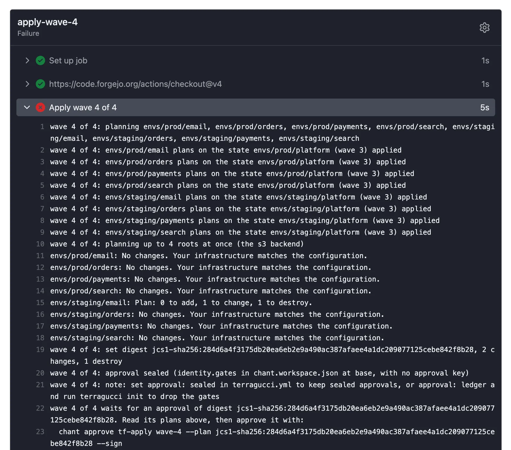 The apply job's log: the wave waits, exit code 3, and the terragucci approve command with the plan digest