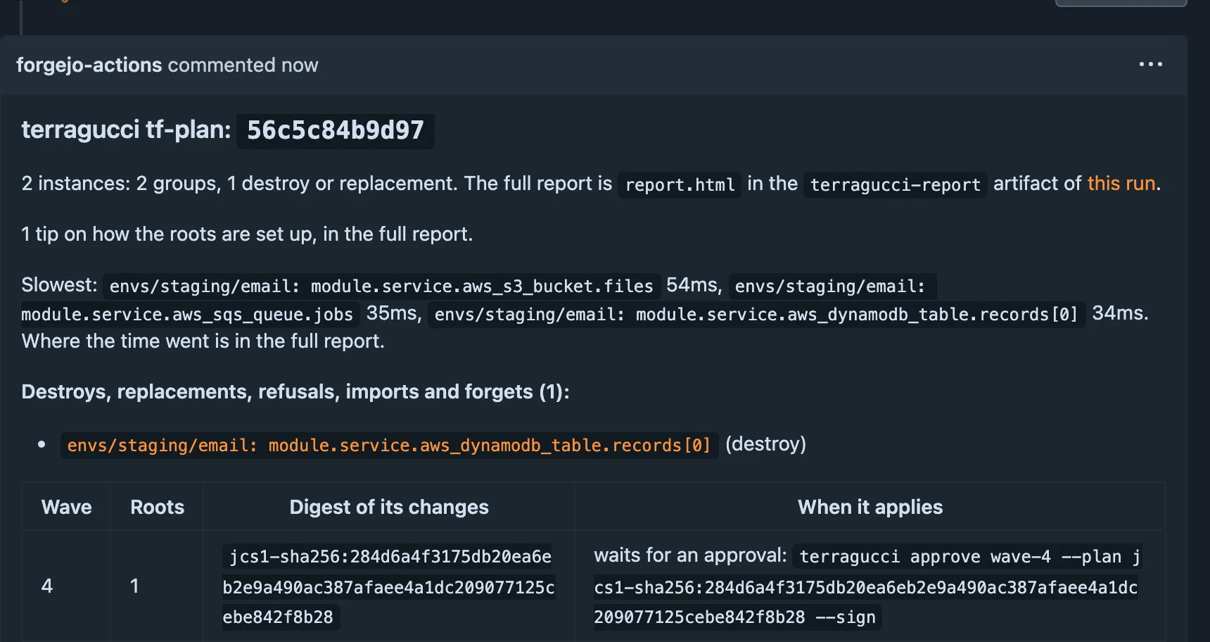 The plan note on the destroy pull request in Forgejo: the records table of staging email named under destroys, and wave 4 waiting for an approval, with the terragucci approve command for its digest