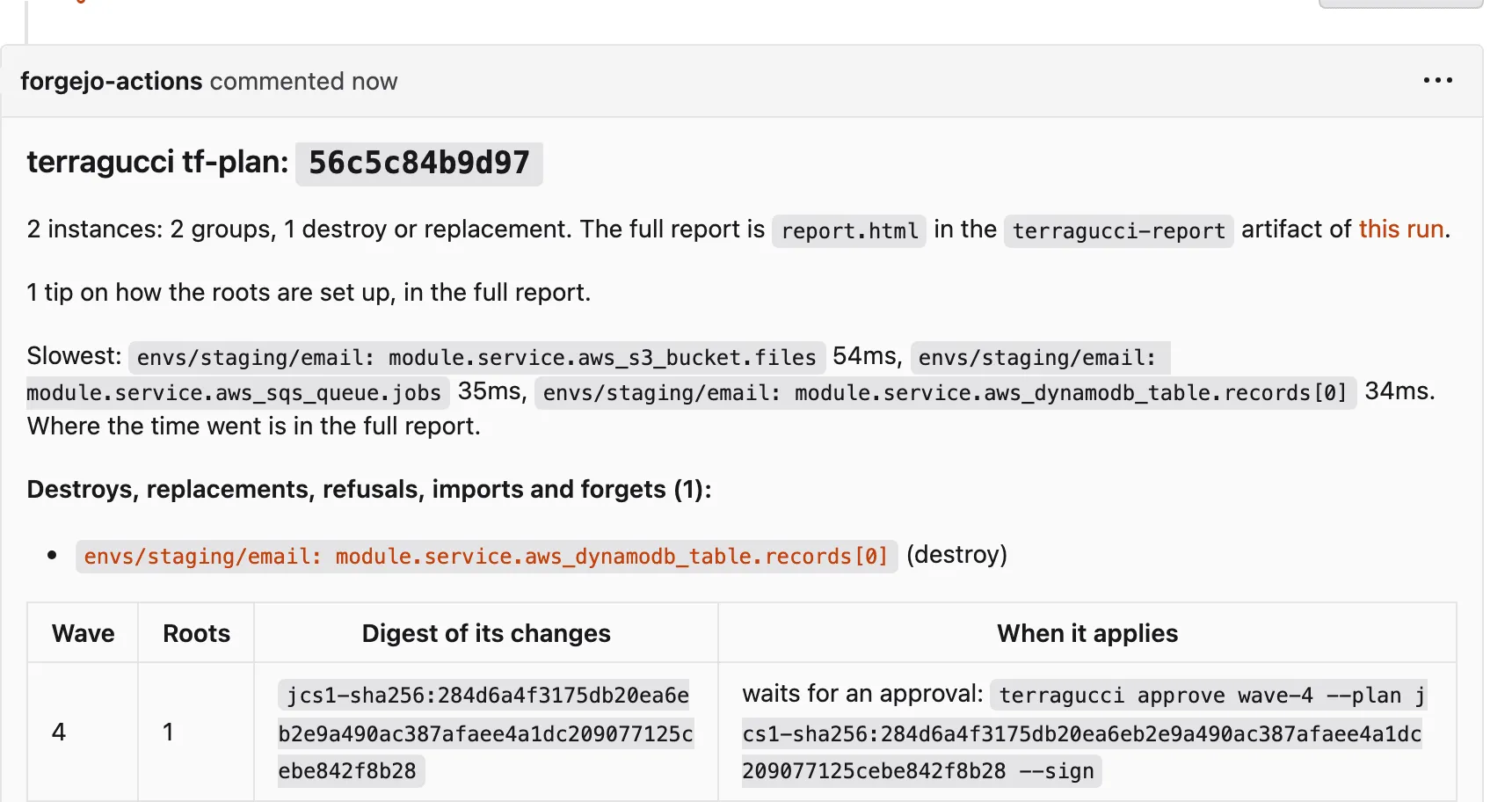 The plan note on the destroy pull request in Forgejo: the records table of staging email named under destroys, and wave 4 waiting for an approval, with the terragucci approve command for its digest